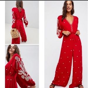 Free People Red Embroidered Jumpsuit Size small